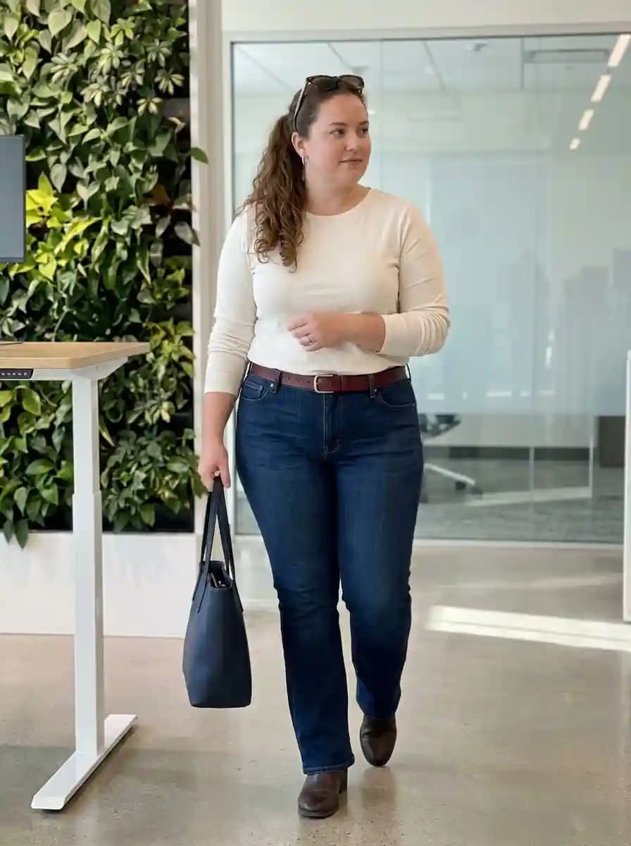 Cream long-sleeve knit top tucked into straight-leg dark-wash jeans with brown belt and boots