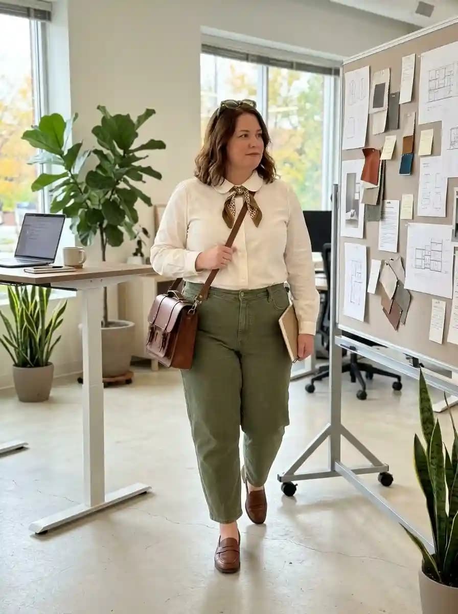 White collared button-front shirt with cropped olive green pants, printed neck scarf, and brown loafers