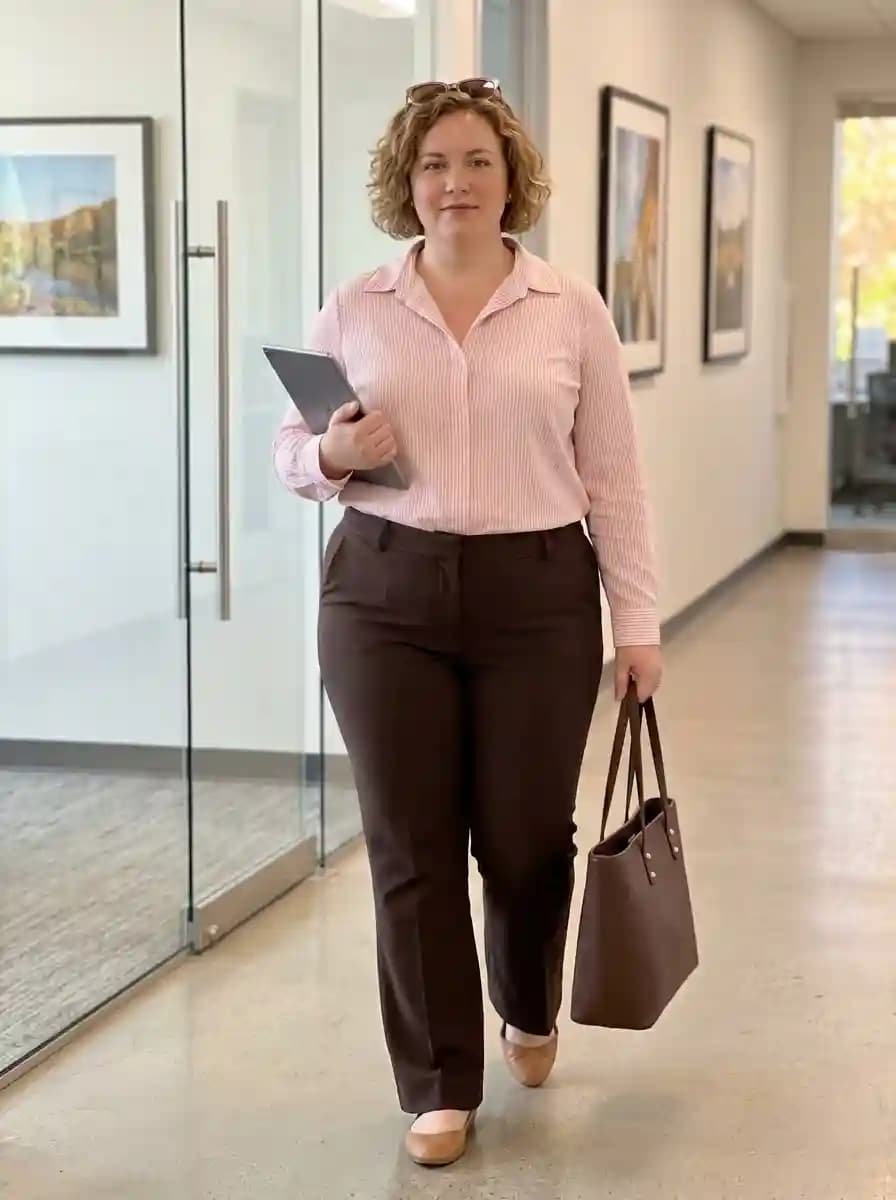 Light pink striped button-up shirt tucked into chocolate brown tailored trousers with camel flats