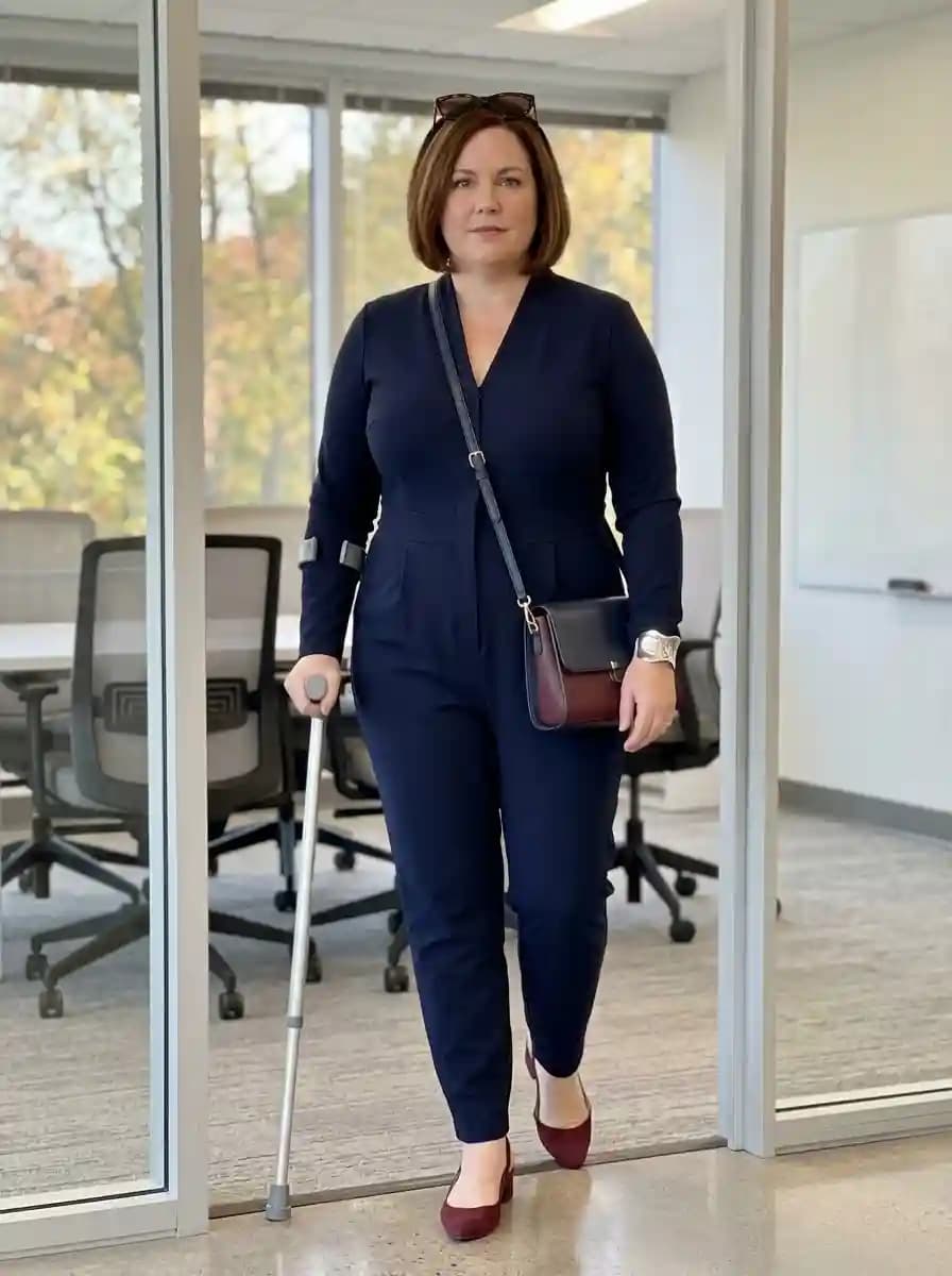 Navy blue tailored jumpsuit with burgundy flats and wine-toned crossbody bag
