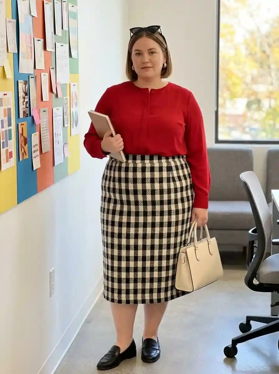 Bright red crew-neck blouse with black and white checkered pencil skirt, black loafers, and cream handbag