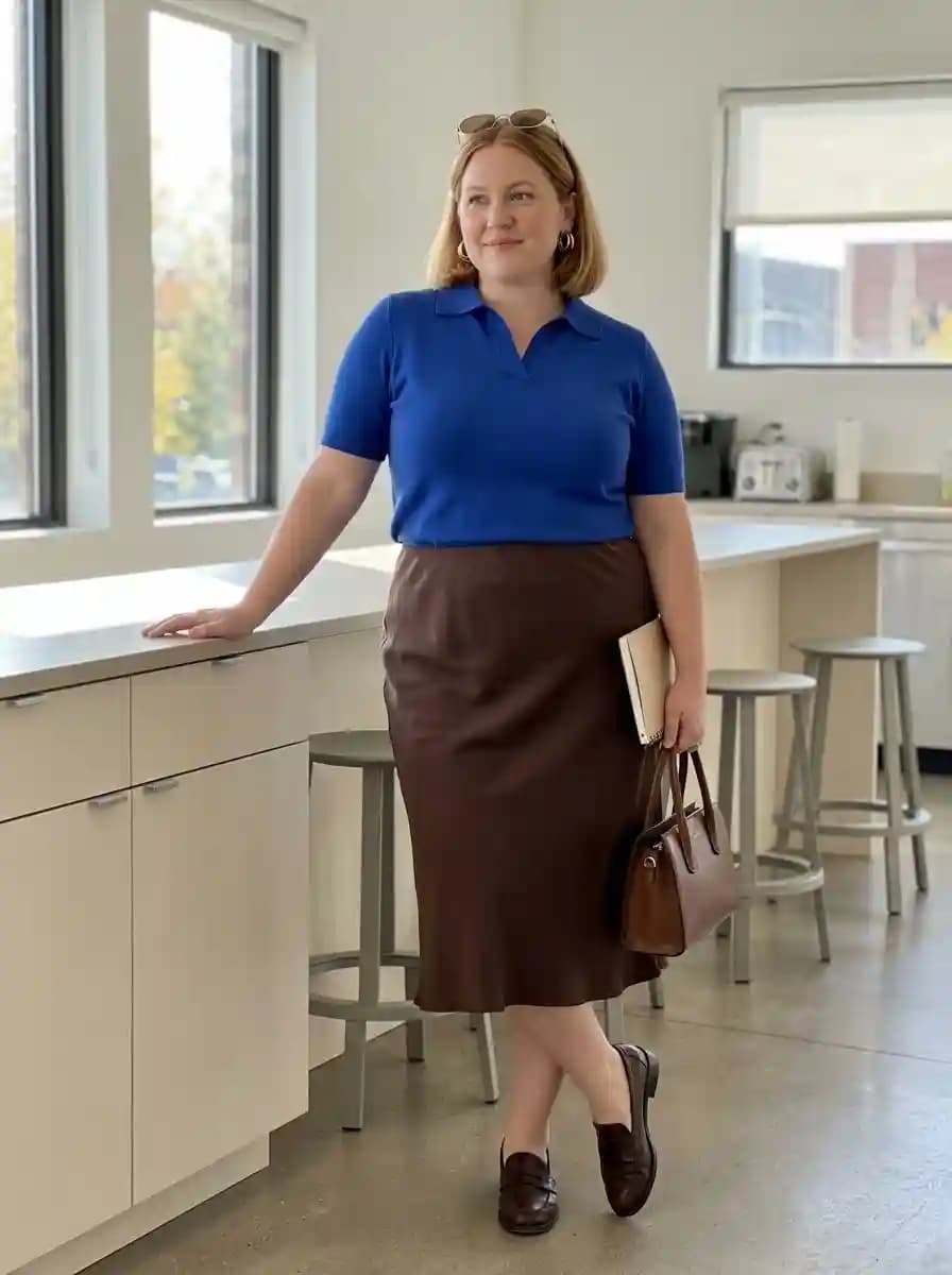 Royal blue collared polo knit with chocolate brown satin midi skirt and dark brown loafers
