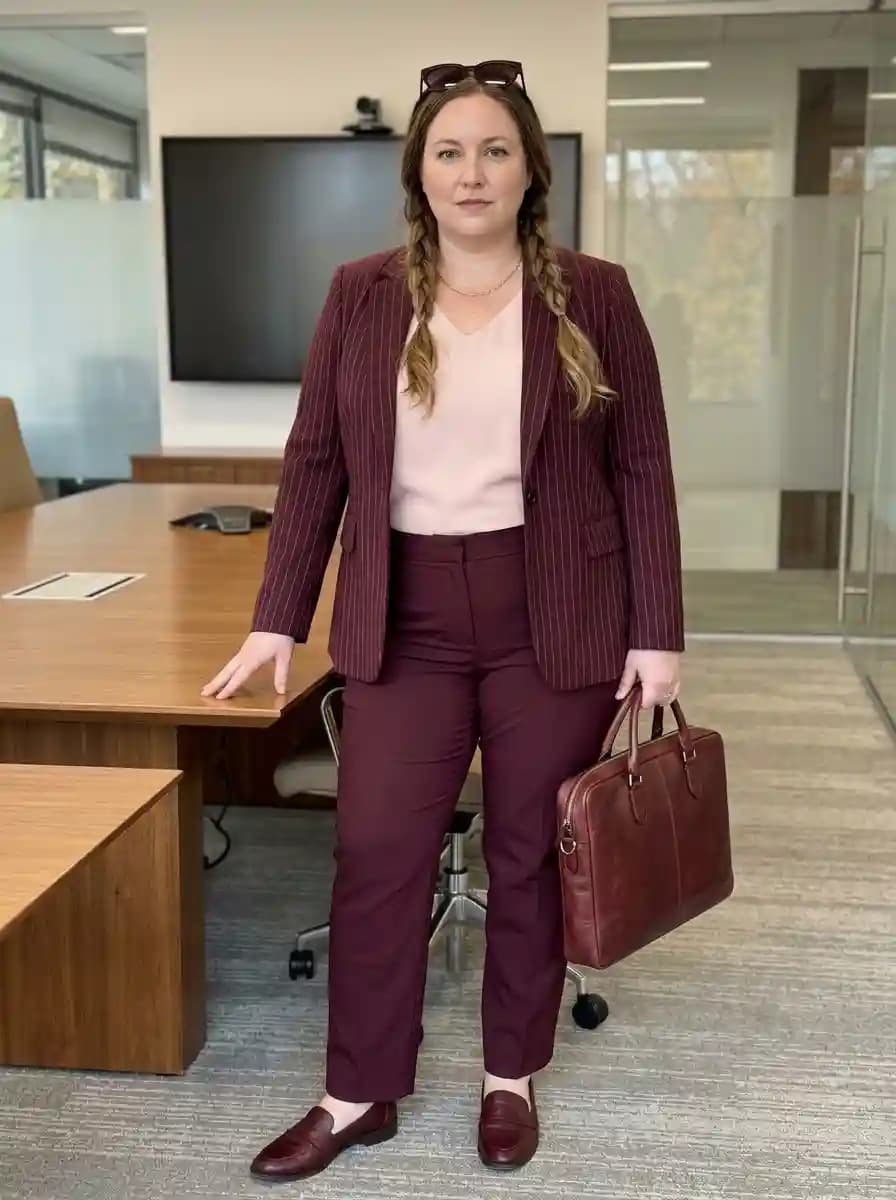 Maroon pinstripe blazer and matching trousers with light pink V-neck top and burgundy loafers