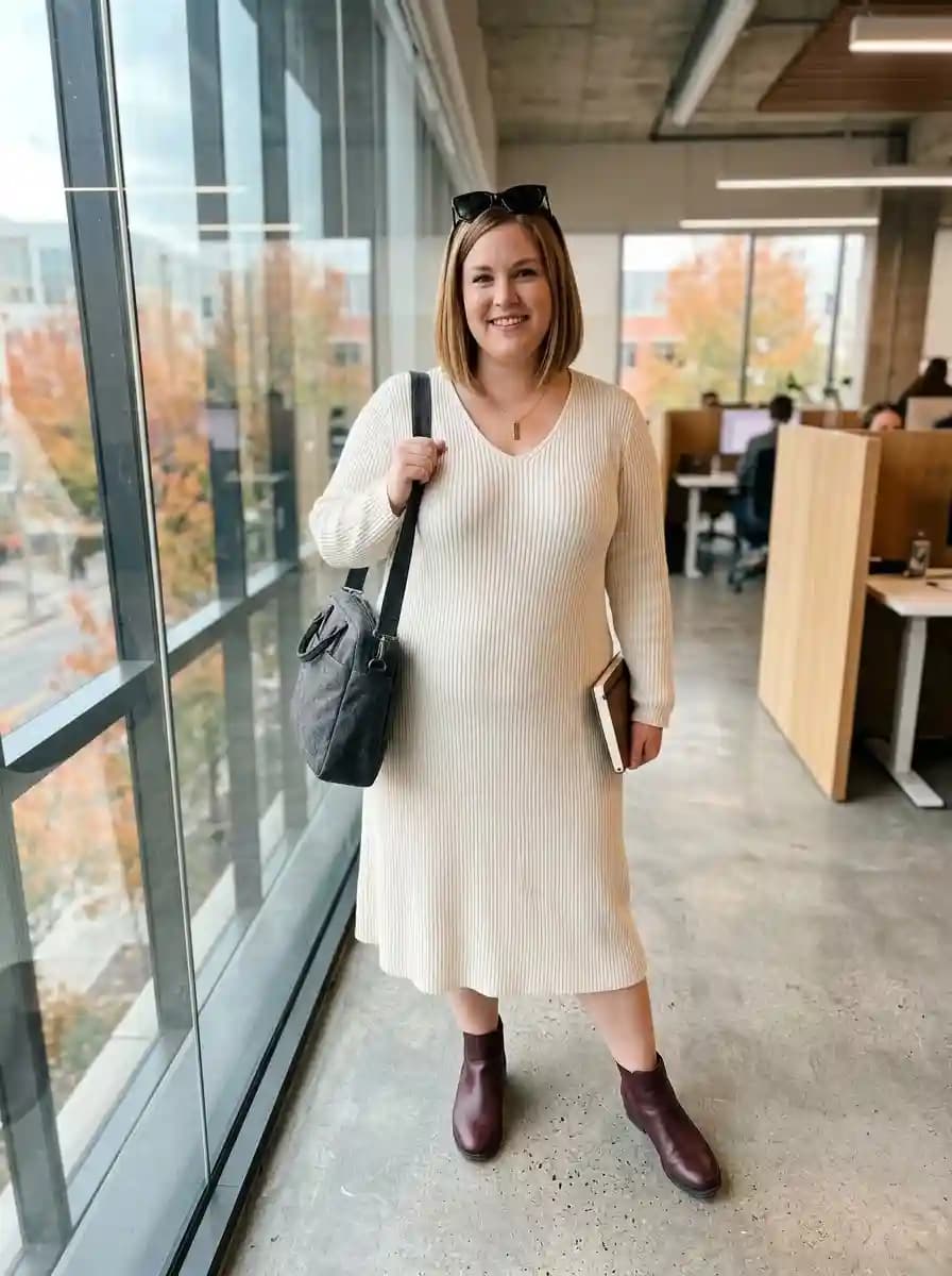 Cream ribbed knit sweater dress with deep burgundy ankle boots and black work tote