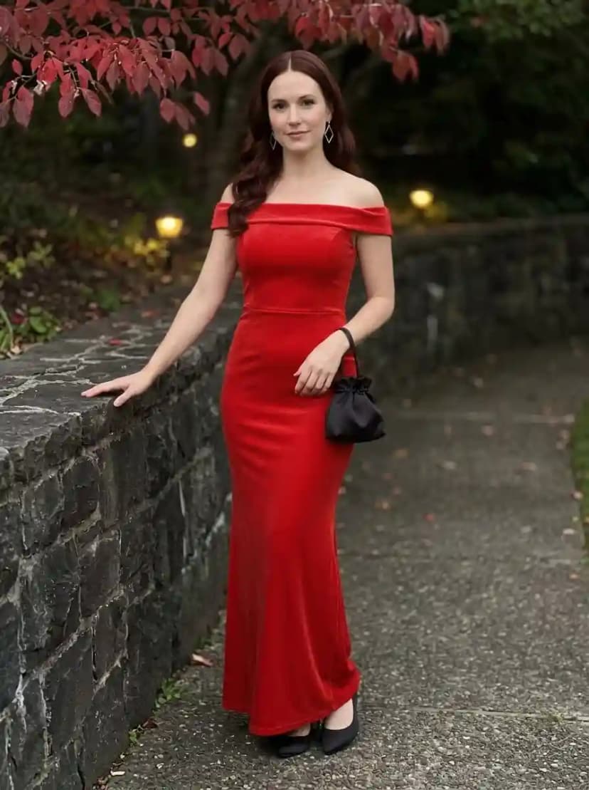 Red velvet off-the-shoulder floor-length gown with black pointed-toe pumps and geometric drop earrings