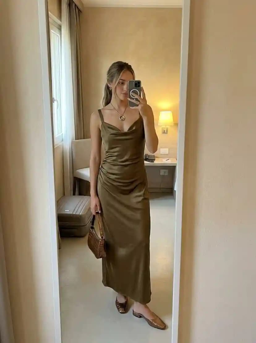 Olive satin cowl-neck maxi slip dress with thin spaghetti straps and brown woven kitten-heel mules