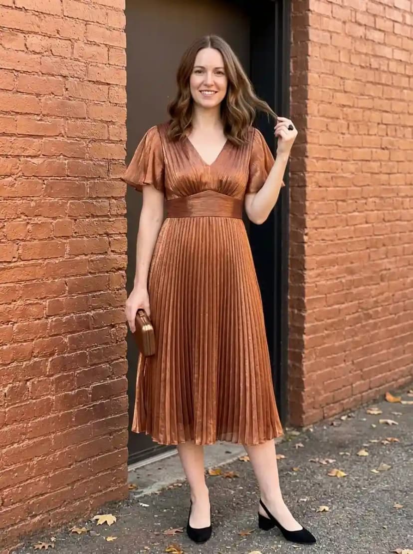Copper metallic pleated midi dress with V-neckline and flutter sleeves