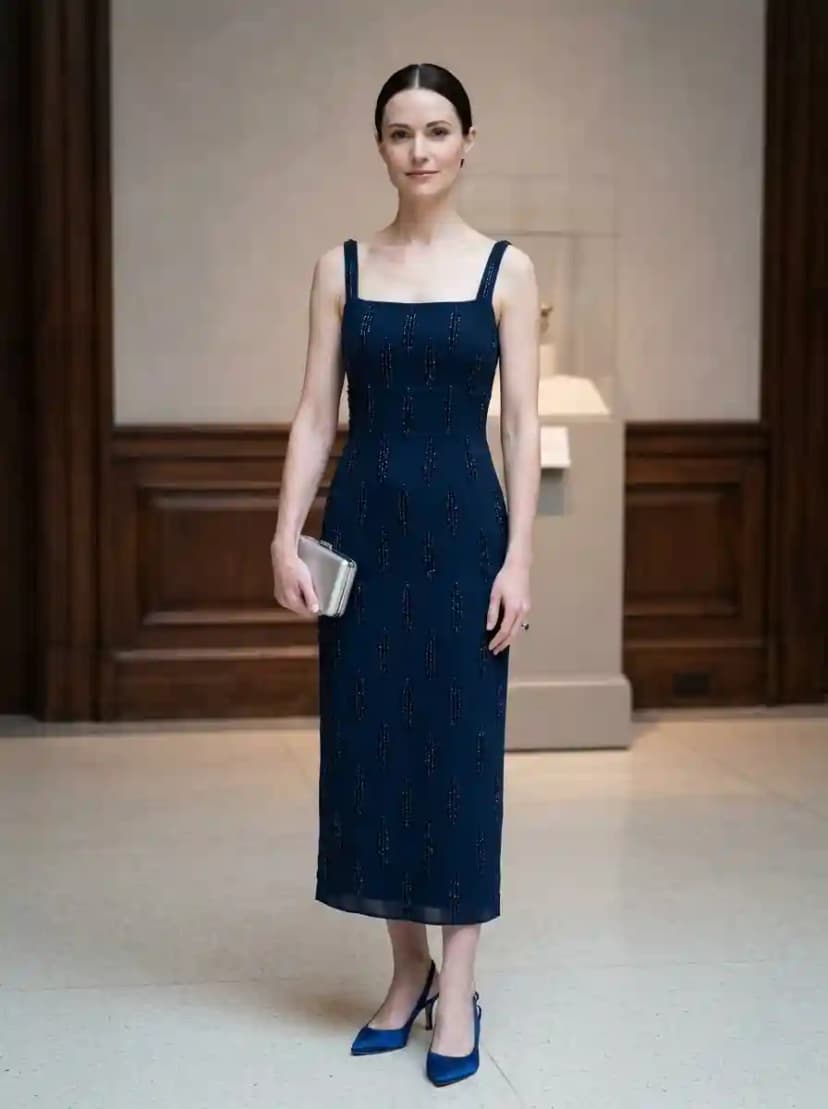 Deep navy sleeveless square-neck midi dress with vertical tonal beaded embellishments