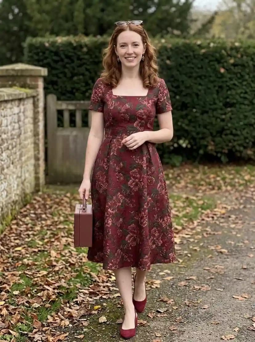 Burgundy floral print fit-and-flare midi dress with flutter sleeves and square neckline