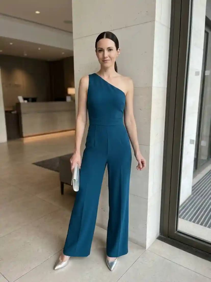 Teal one-shoulder wide-leg jumpsuit in smooth crepe fabric with silver pointed-toe pumps