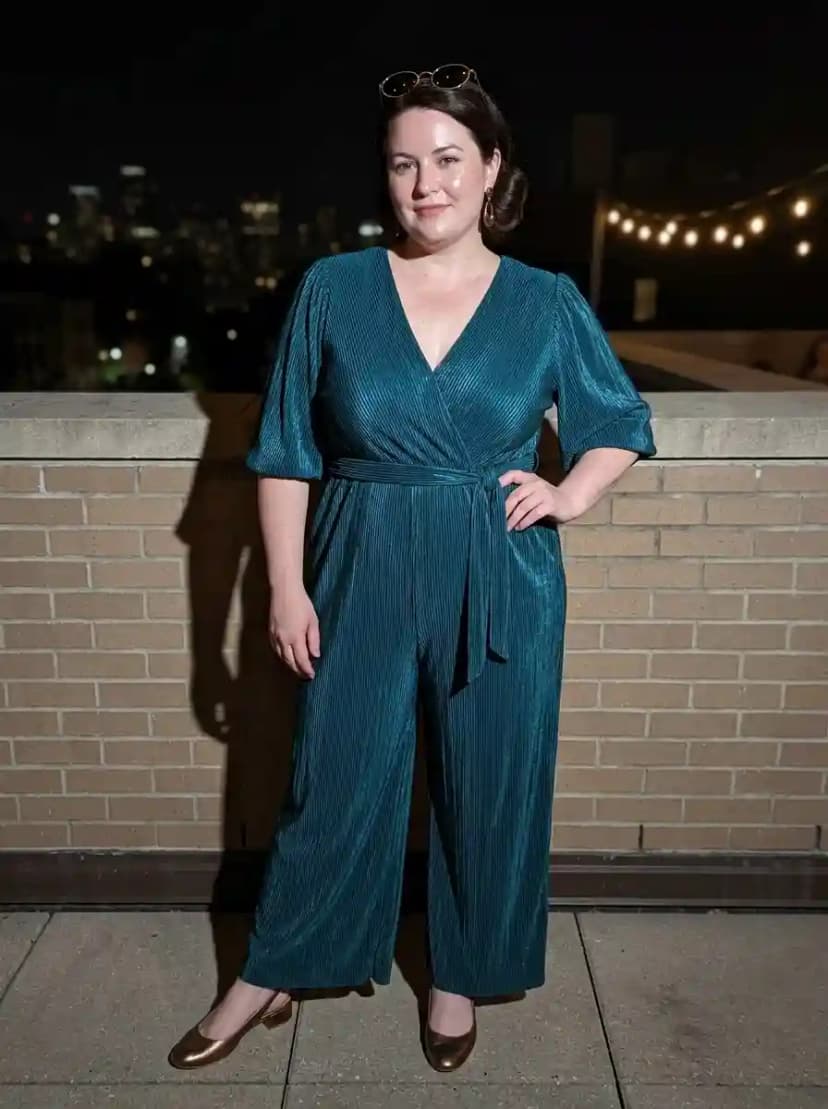 Teal satin one-shoulder wrap top with matching wide-leg trousers and gold metallic heeled sandals