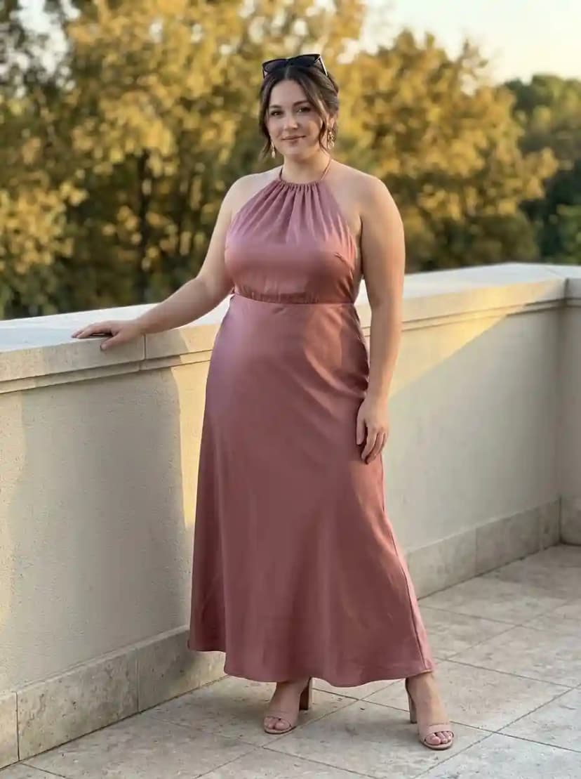 Dusty rose satin halter-neck maxi dress with gathered neckline and strappy nude block-heel sandals