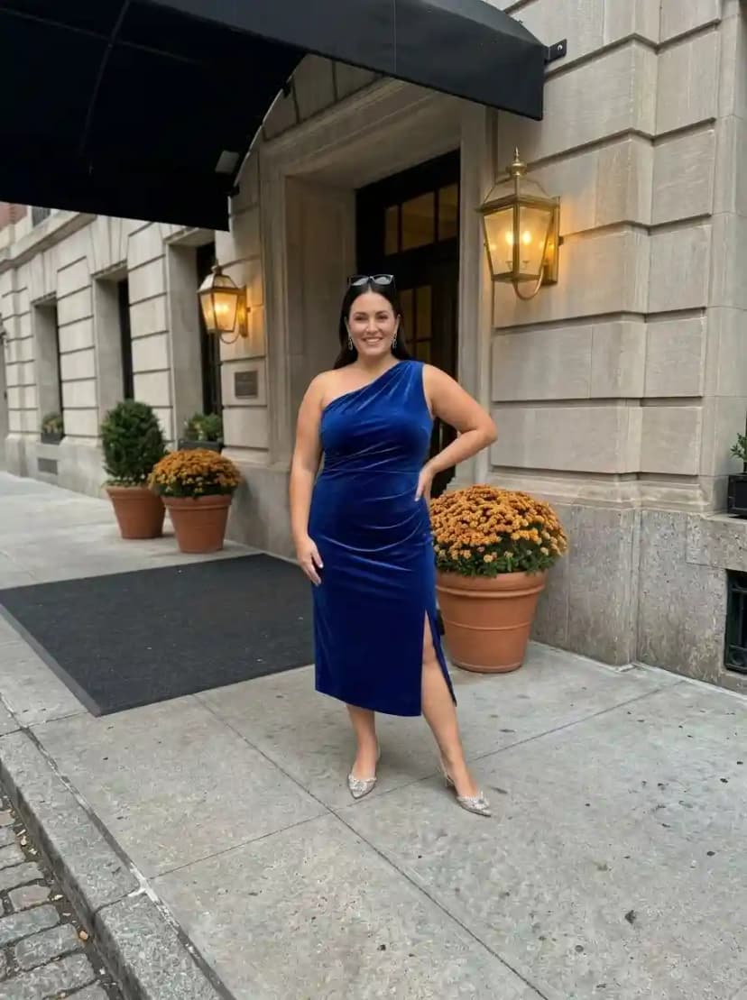 Royal cobalt blue velvet one-shoulder midi dress with ruched bodice and silver sparkly heels