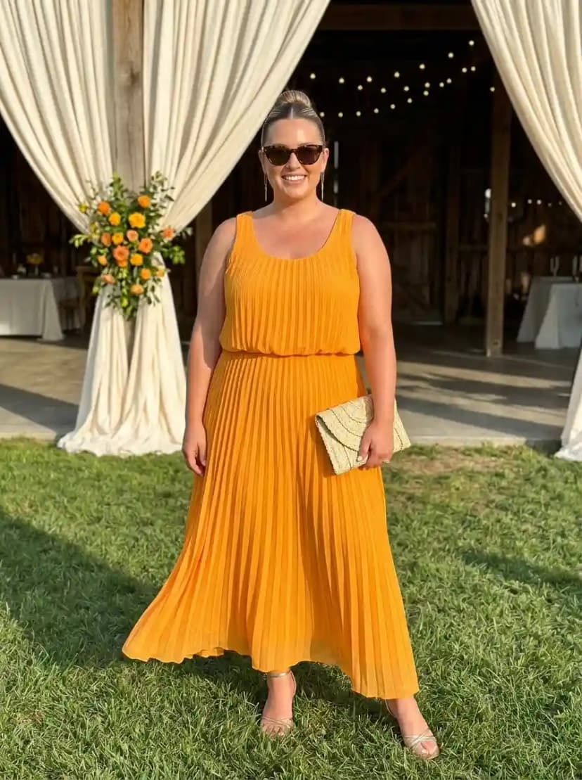 Mustard golden-yellow pleated sleeveless maxi dress with gold metallic clutch