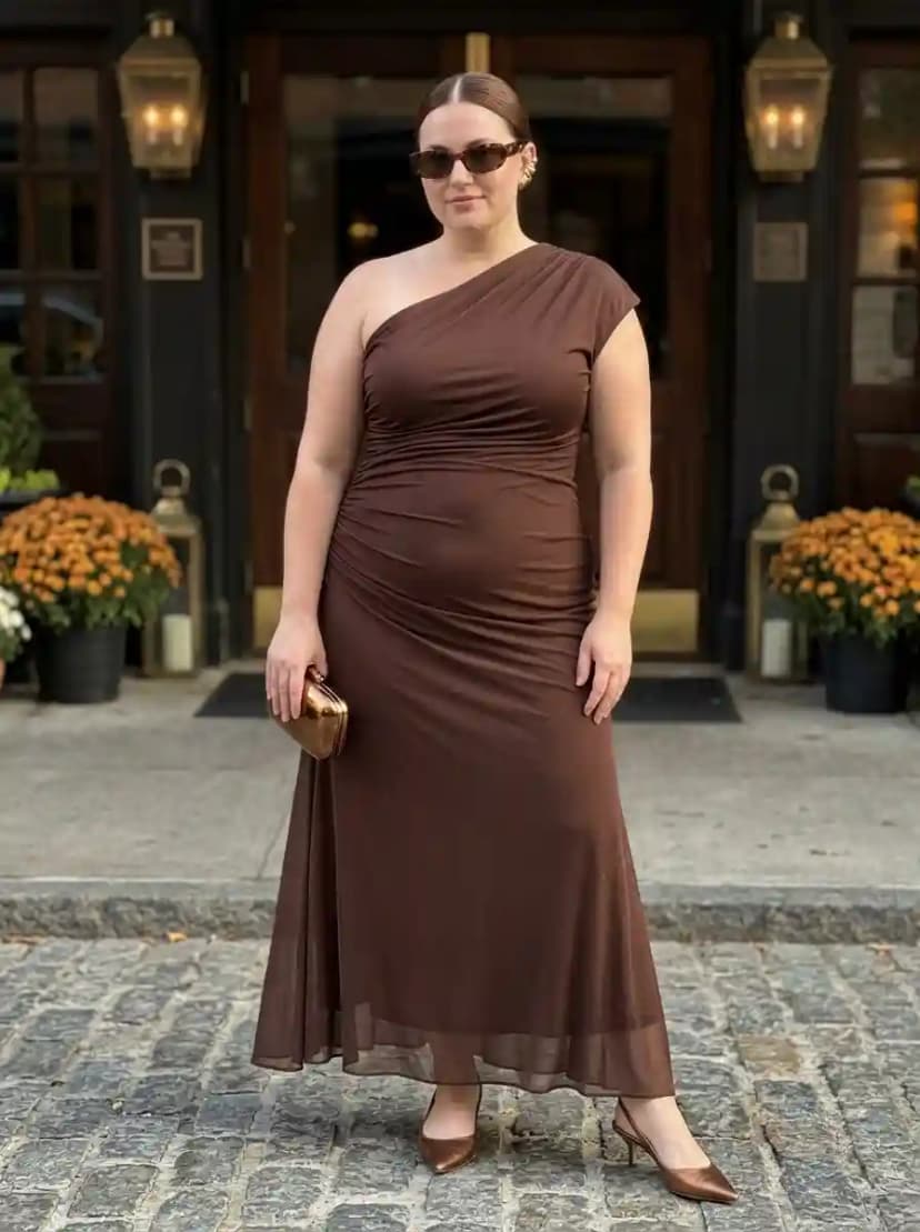 Chocolate brown one-shoulder ruched maxi dress with sheer chiffon hem overlay