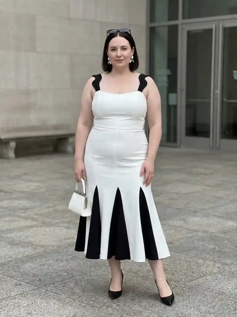 Black and white fit-and-flare midi dress with white bodice, black straps, and geometric godet insets