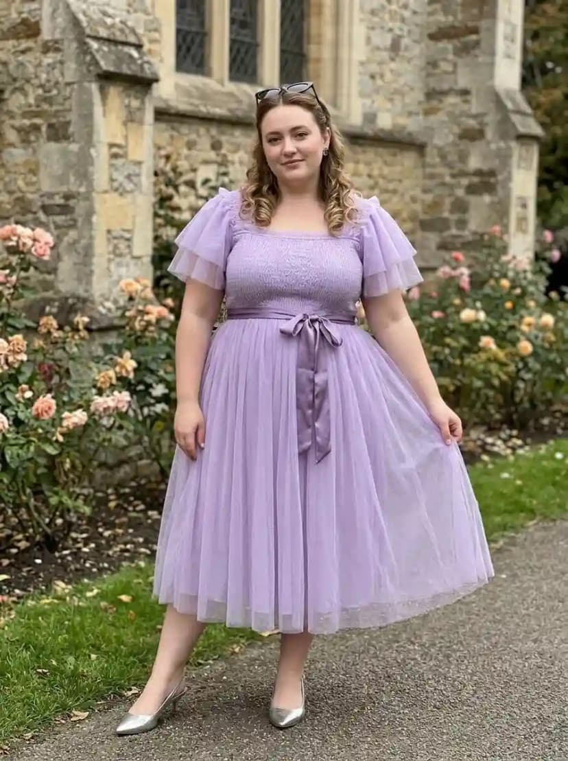 Lilac tulle midi dress with square neckline, flutter cap sleeves, and full gathered tulle skirt