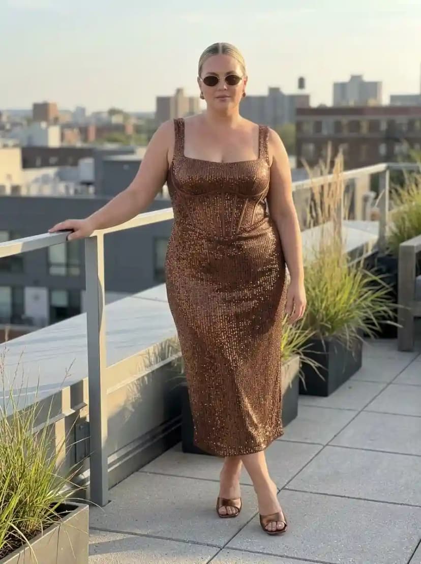 Bronze antique gold sequin column midi dress with square neckline and bustier-style seamed bodice