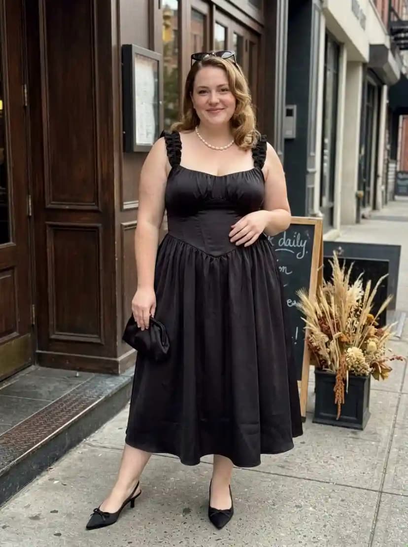 Black midi dress with corset-style bodice, ruched bust, gathered straps, and full A-line skirt