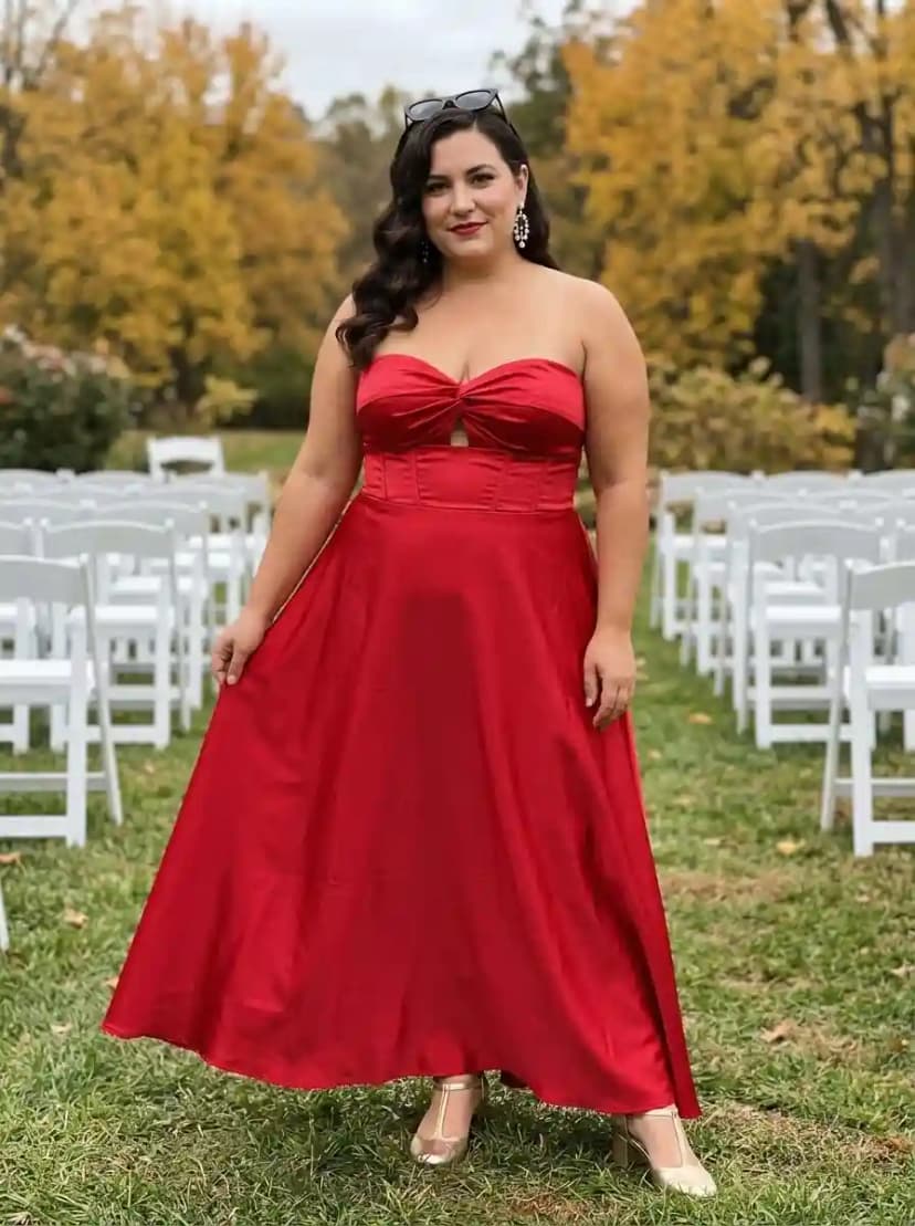Bright red strapless sweetheart maxi dress with twisted bust detail and corset-style waist