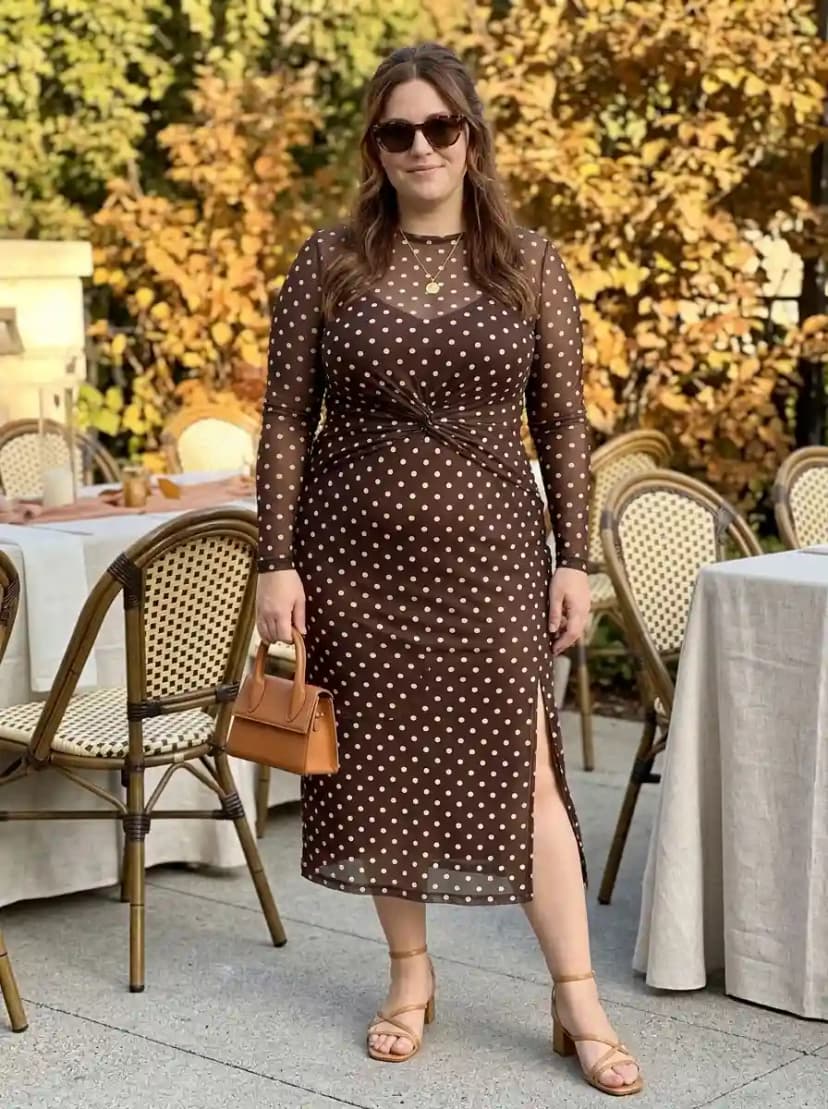Chocolate brown sheer polka-dot mesh midi dress with tan block-heeled sandals