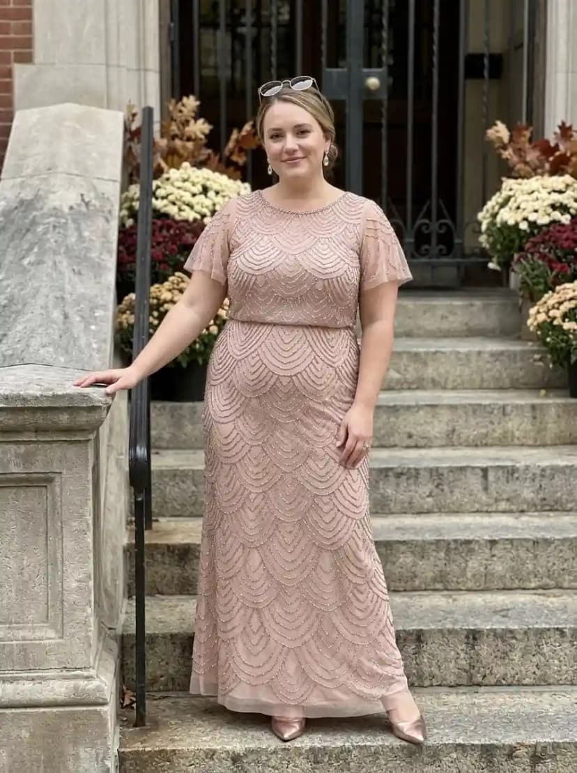 Dusty rose beaded midi dress with short flutter sleeves and scalloped art-deco beading