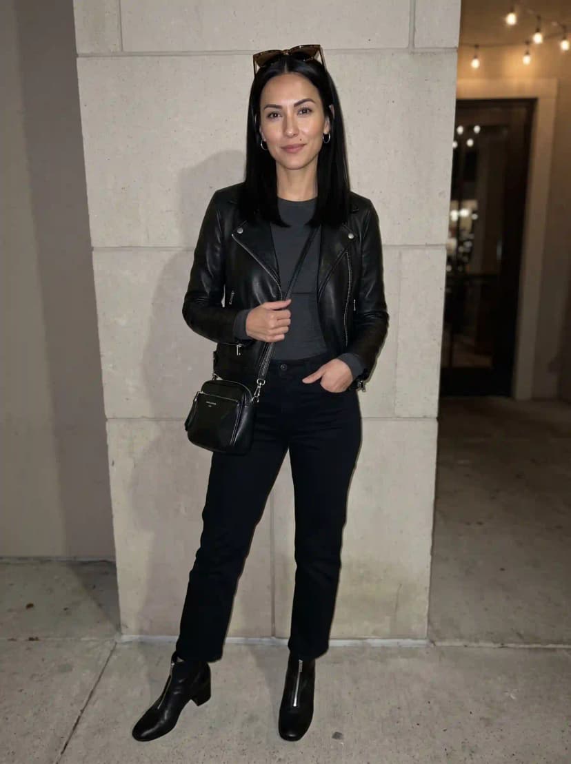 Grey crewneck top, black skinny jeans, black leather moto jacket, black heeled ankle boots, and black crossbody bag