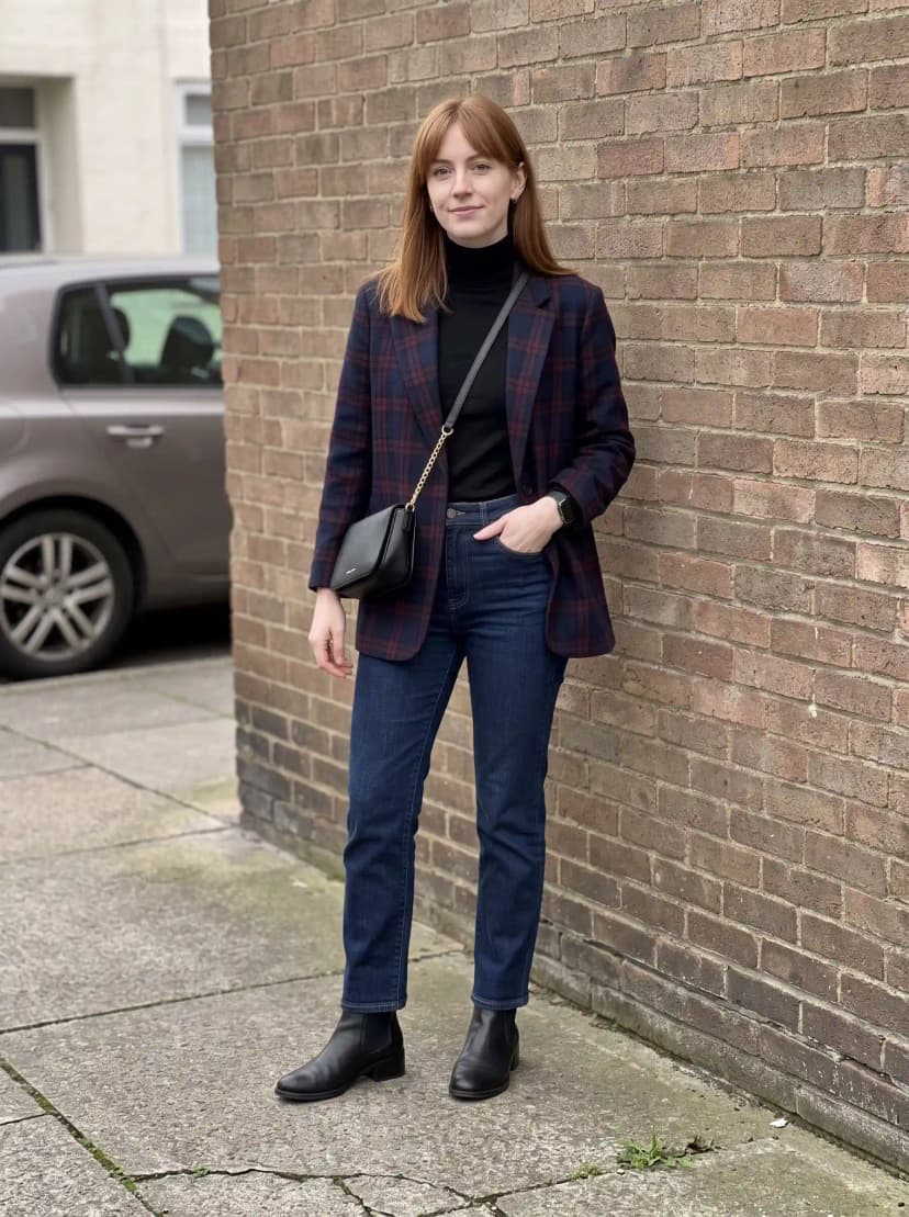 Black turtleneck, dark wash jeans, navy and burgundy plaid blazer, black Chelsea boots, and black crossbody bag