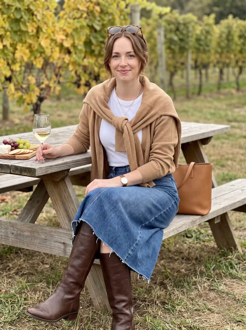 White crewneck t-shirt, camel knit cardigan draped over shoulders, denim midi skirt, brown knee-high boots, and tan tote bag