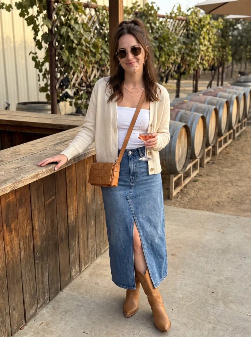 Cream cardigan, white tube top, denim midi skirt, tan ankle boots, and tan crossbody bag