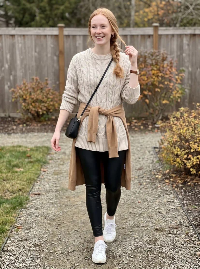 Beige cable-knit sweater, black faux-leather leggings, white canvas sneakers, and black crossbody bag