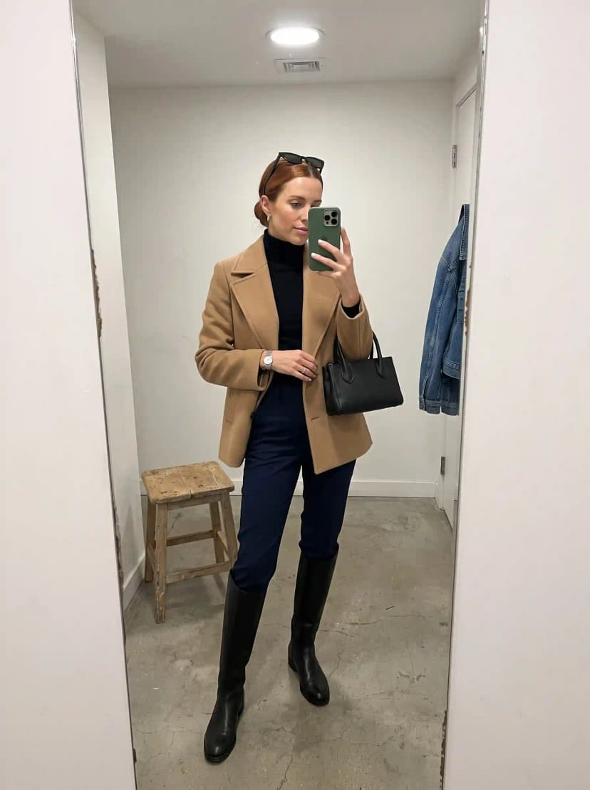 Black turtleneck, navy tailored trousers, camel blazer, black knee-high boots, and black top-handle bag