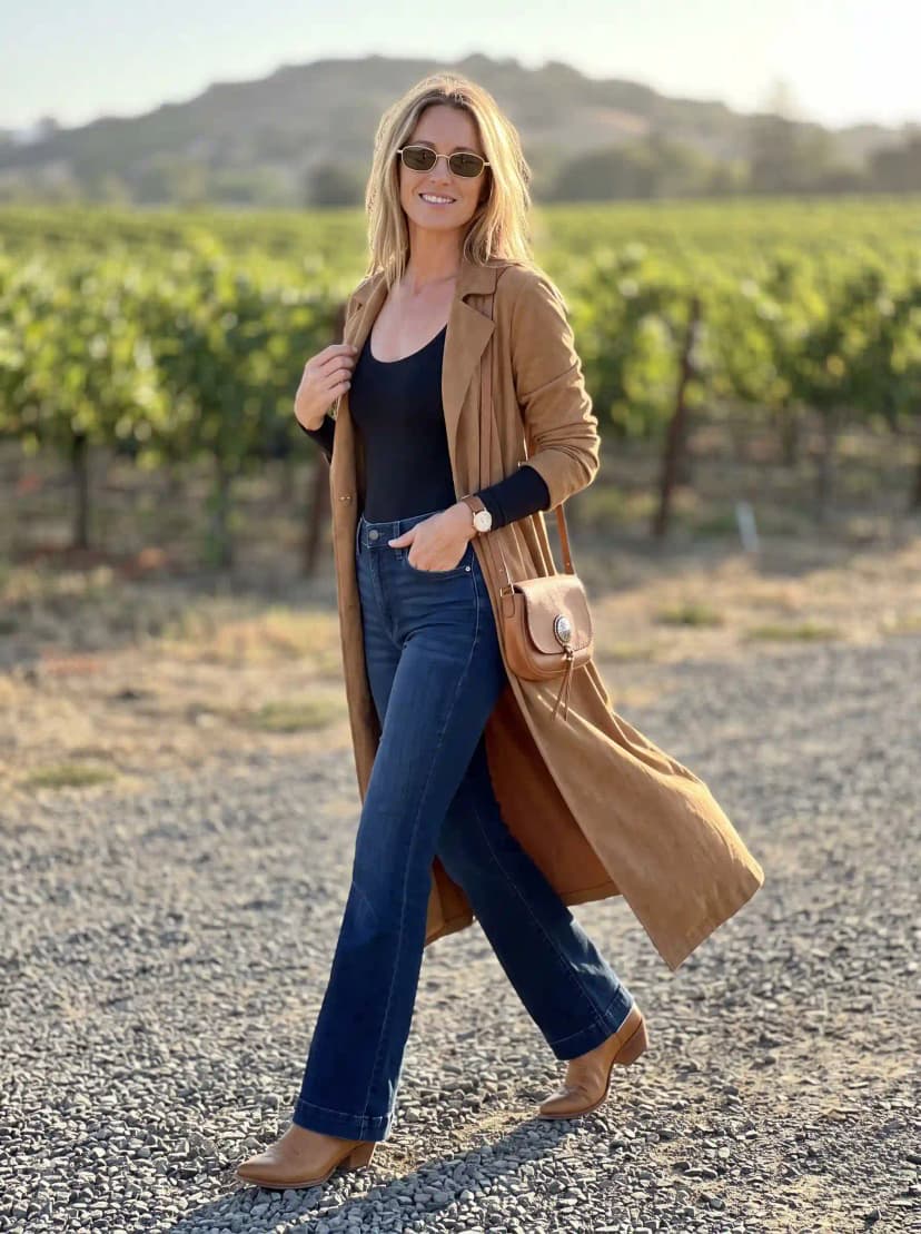 Black fitted bodysuit, medium-wash straight-leg jeans, camel suede duster coat, tan heeled ankle boots, and tan saddle bag