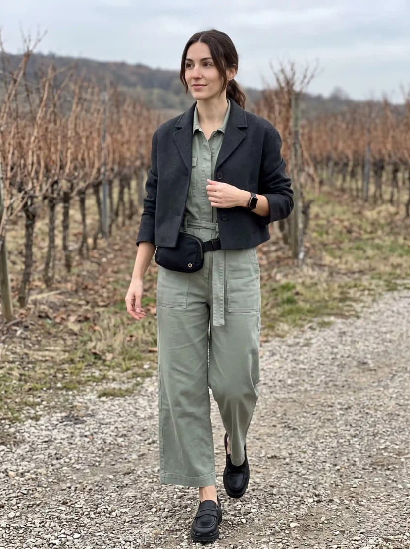 Sage green utility jumpsuit, charcoal grey cropped blazer, black chunky loafers, and black crossbody bag