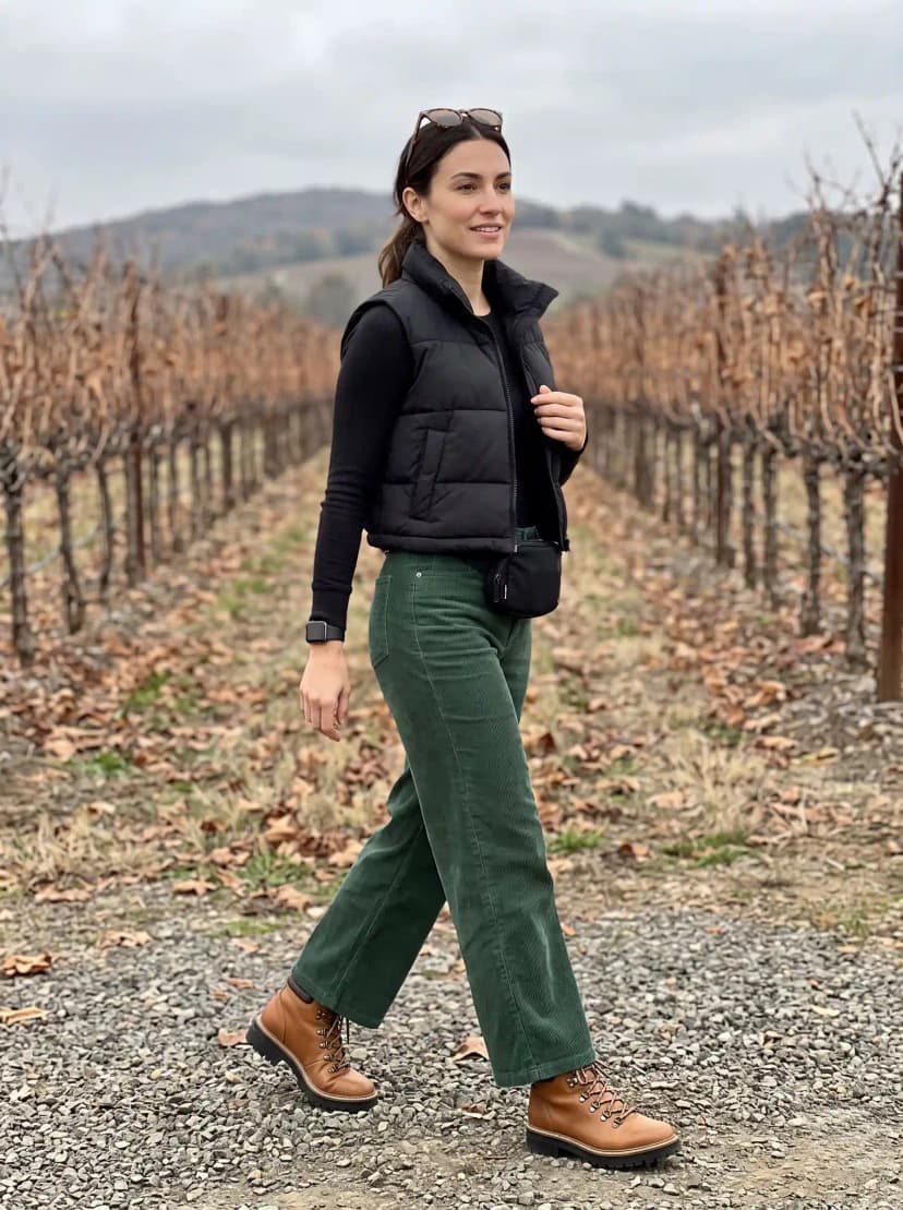 Black ribbed long-sleeve top, black puffer vest, dark green corduroy wide-leg pants, and tan hiking-style boots
