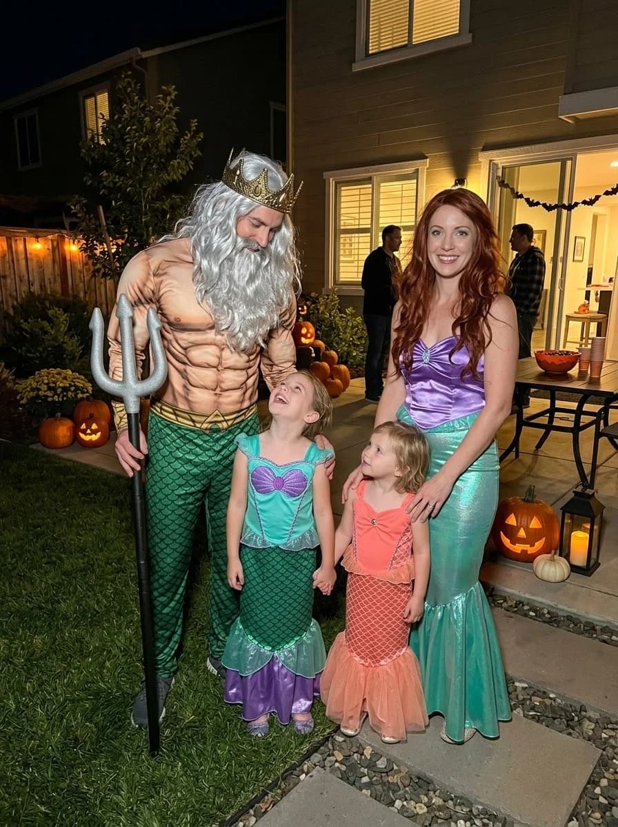 The Little Mermaid Family Costume with King Triton, Ariel, and Little Mermaids