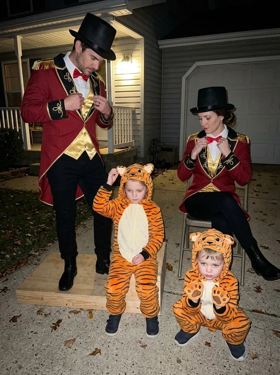 Circus Family Costume with Ringmasters and Little Tigers