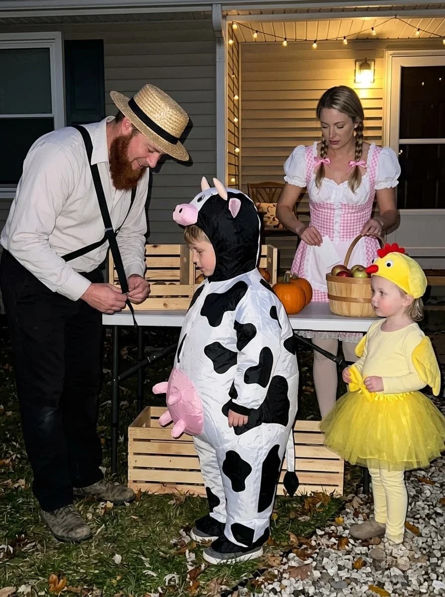Farmyard Family Costume with Farmers, Cow, and Little Chick