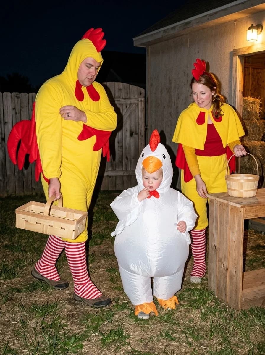 Chicken Coop Family Costume with Roosters and Little Hen