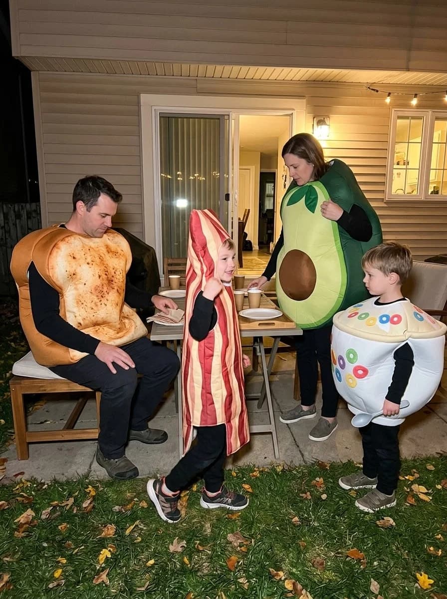 Breakfast Foods Family Costume with Toast, Bacon, Avocado, and Cereal