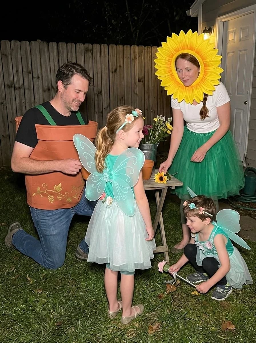 Enchanted Garden Family Costume with Flower Pot, Sunflower, and Garden Fairies