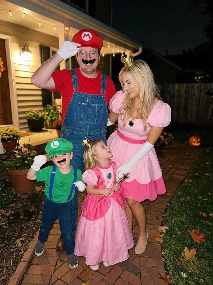 Super Mario Family Costume with Mario, Luigi, and Princess Peach