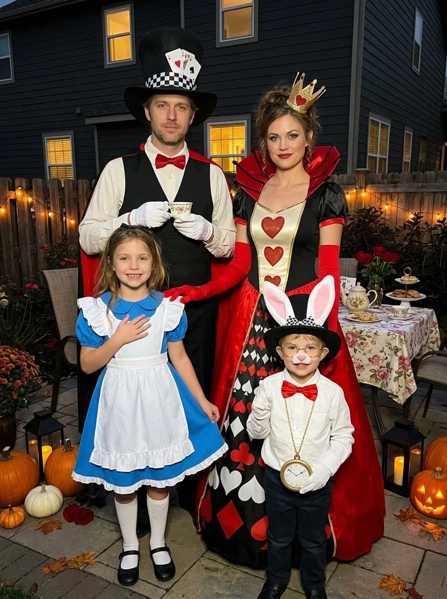Alice in Wonderland Family Costume with Mad Hatter, Queen of Hearts, Alice, and White Rabbit