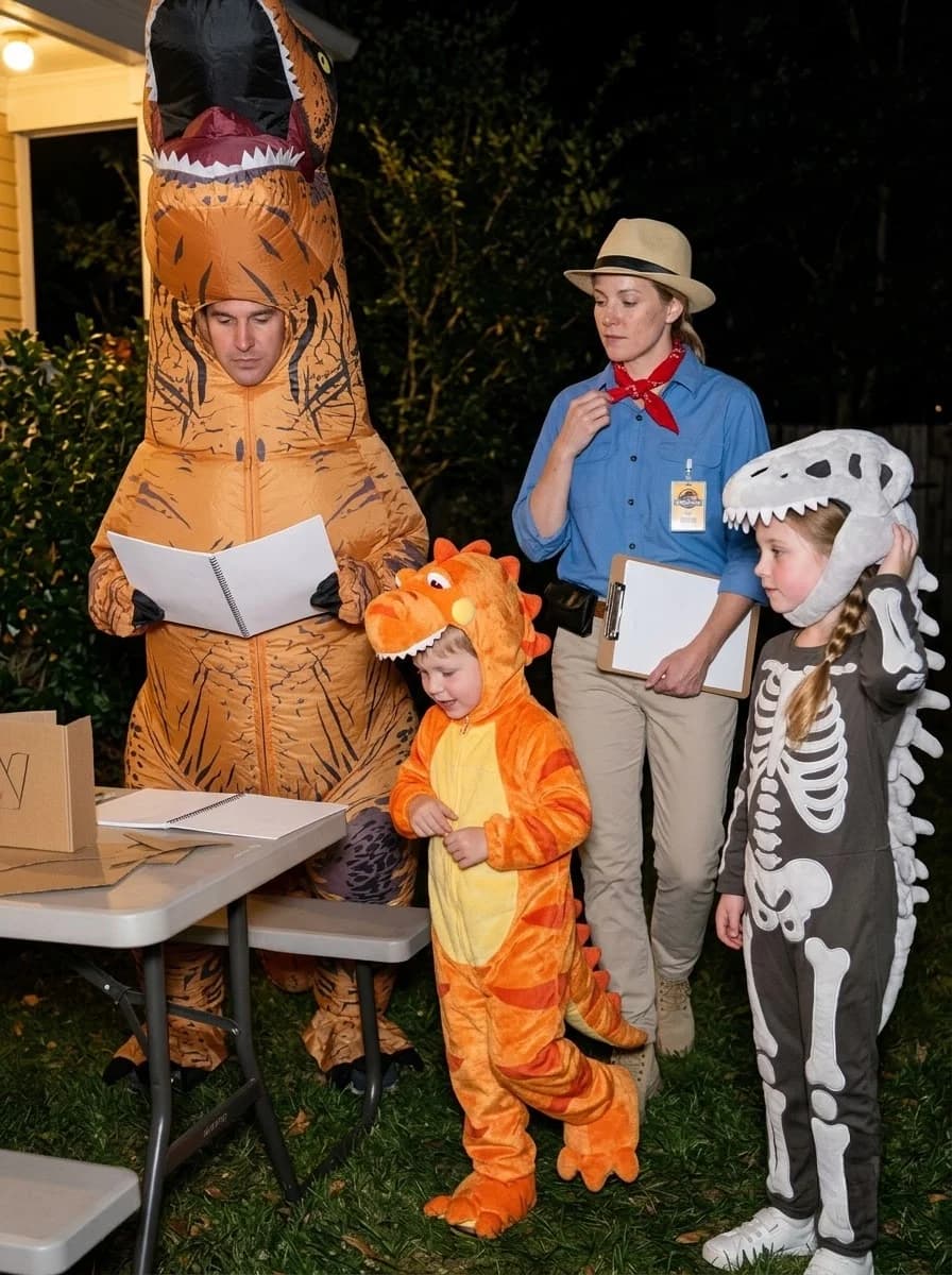 Dinosaur Dig Family Costume with Paleontologist, T-Rex, and Fossil