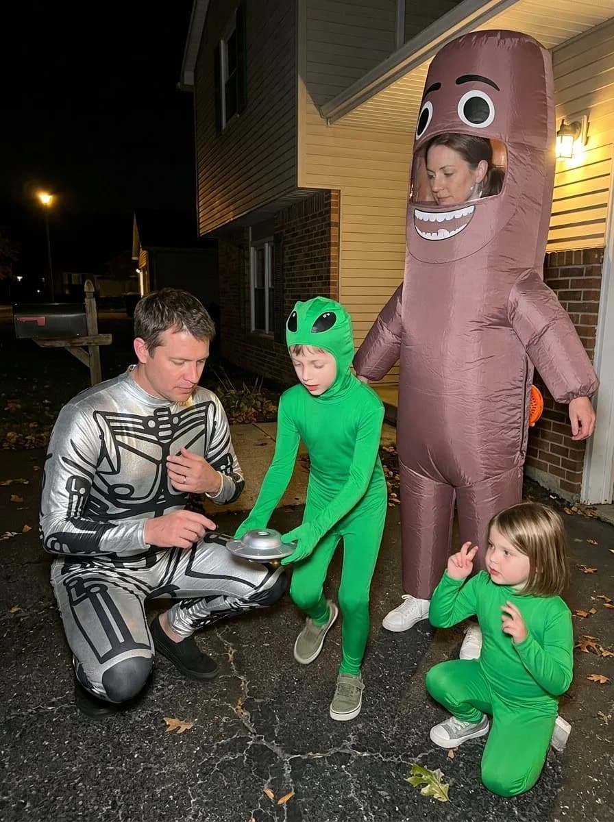 Funny Sci-Fi Family Costume with Robot, Aliens, and Giant Space Creature