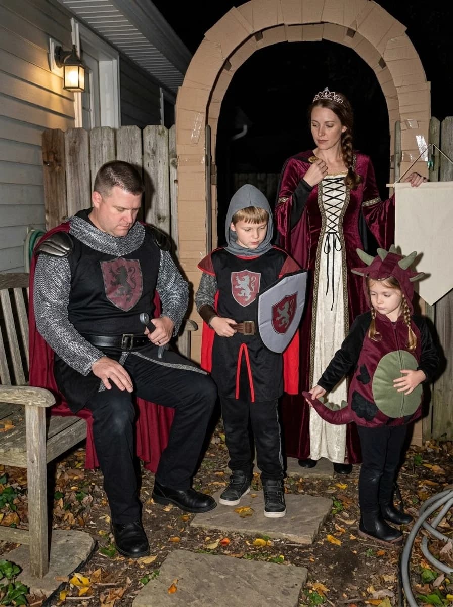 Medieval Kingdom Family Costume with Knights, Princess, and Dragon