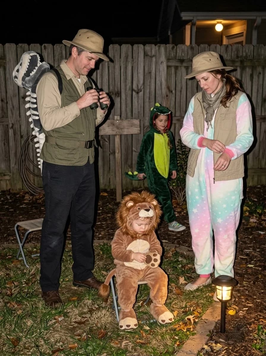 Safari Adventure Family Costume with Explorers, Lion, and Dinosaur