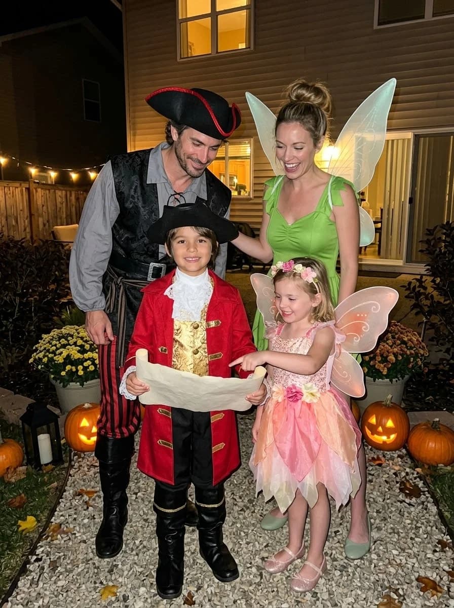 Peter Pan Family Costume with Pirates, Tinker Bell, and Little Fairy