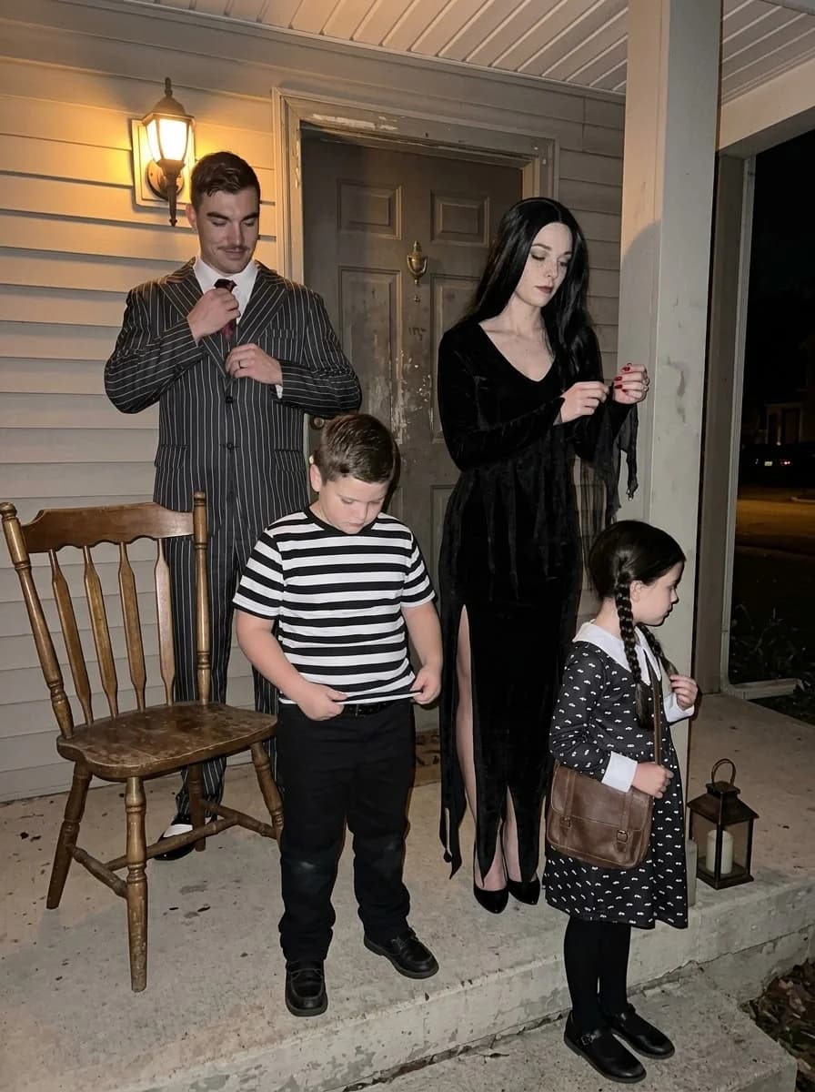 The Addams Family Costume with Gomez, Morticia, Pugsley, and Wednesday
