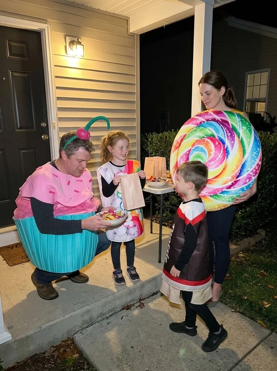 Candy Land-Inspired Family Costume with Cupcake, Lollipop, and Sweet Treats